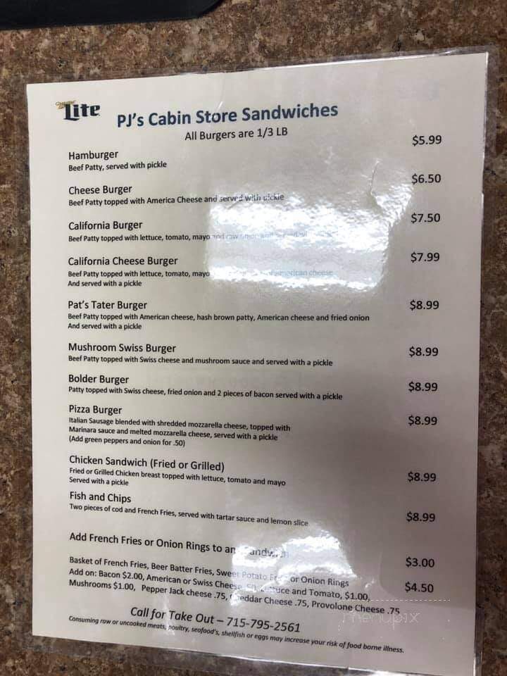 PJ's Cabin Store - Barnes, WI menu_pic