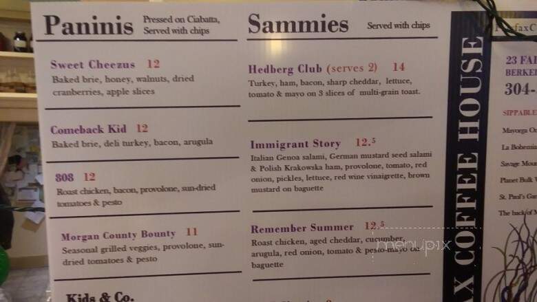 Fairfax Coffee House - Berkeley Springs, WV menu_pic