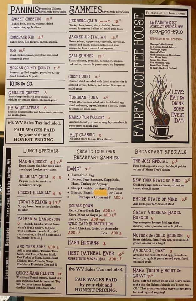 Fairfax Coffee House - Berkeley Springs, WV menu_pic