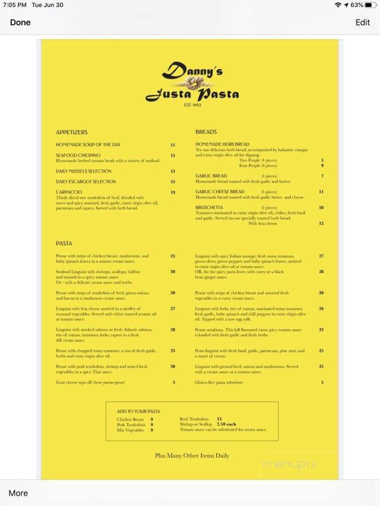 Danny's Justa Pasta - Sundridge, ON menu_pic