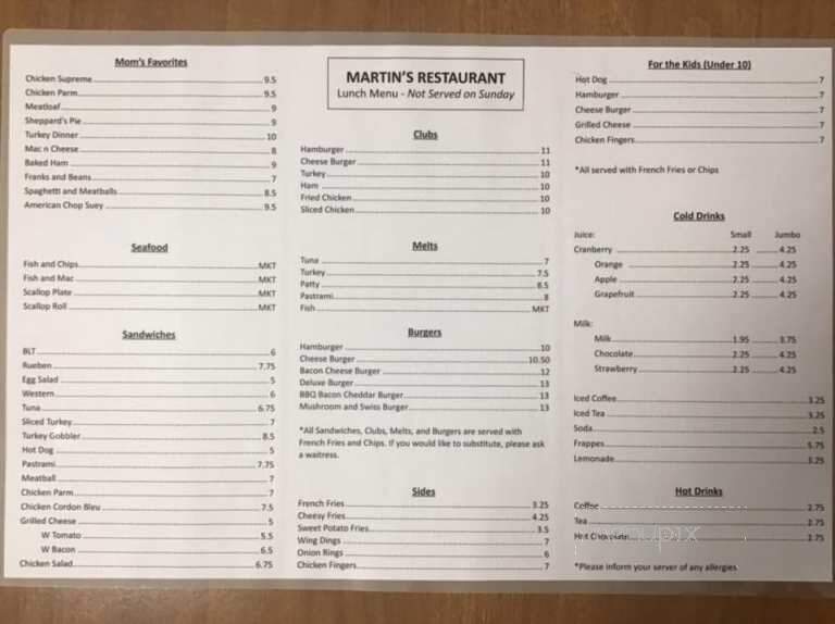 Martin's Restaurant - Abington, MA menu_pic