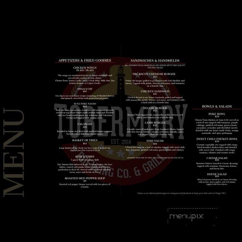 Tobermory Brewing Company and Grill - Tobermory, ON menu_pic