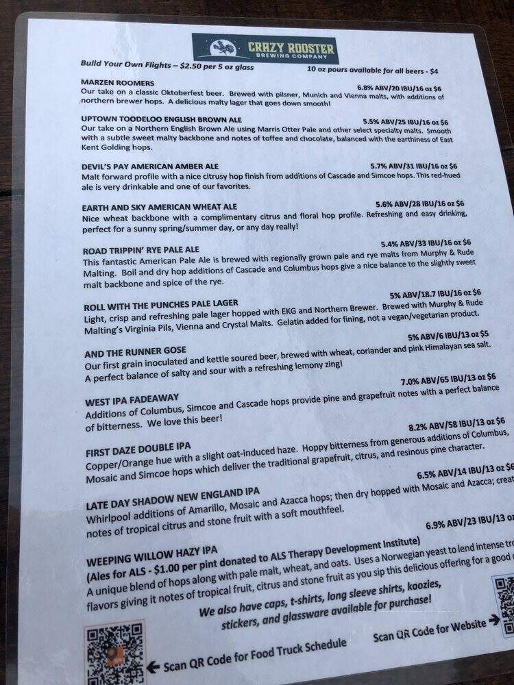 Crazy Rooster Brewing Co - Midlothian, VA menu_pic