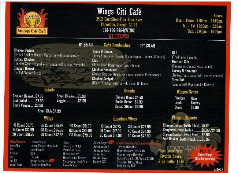 Menu of Wings Citi Cafe in Carrollton, GA 30116