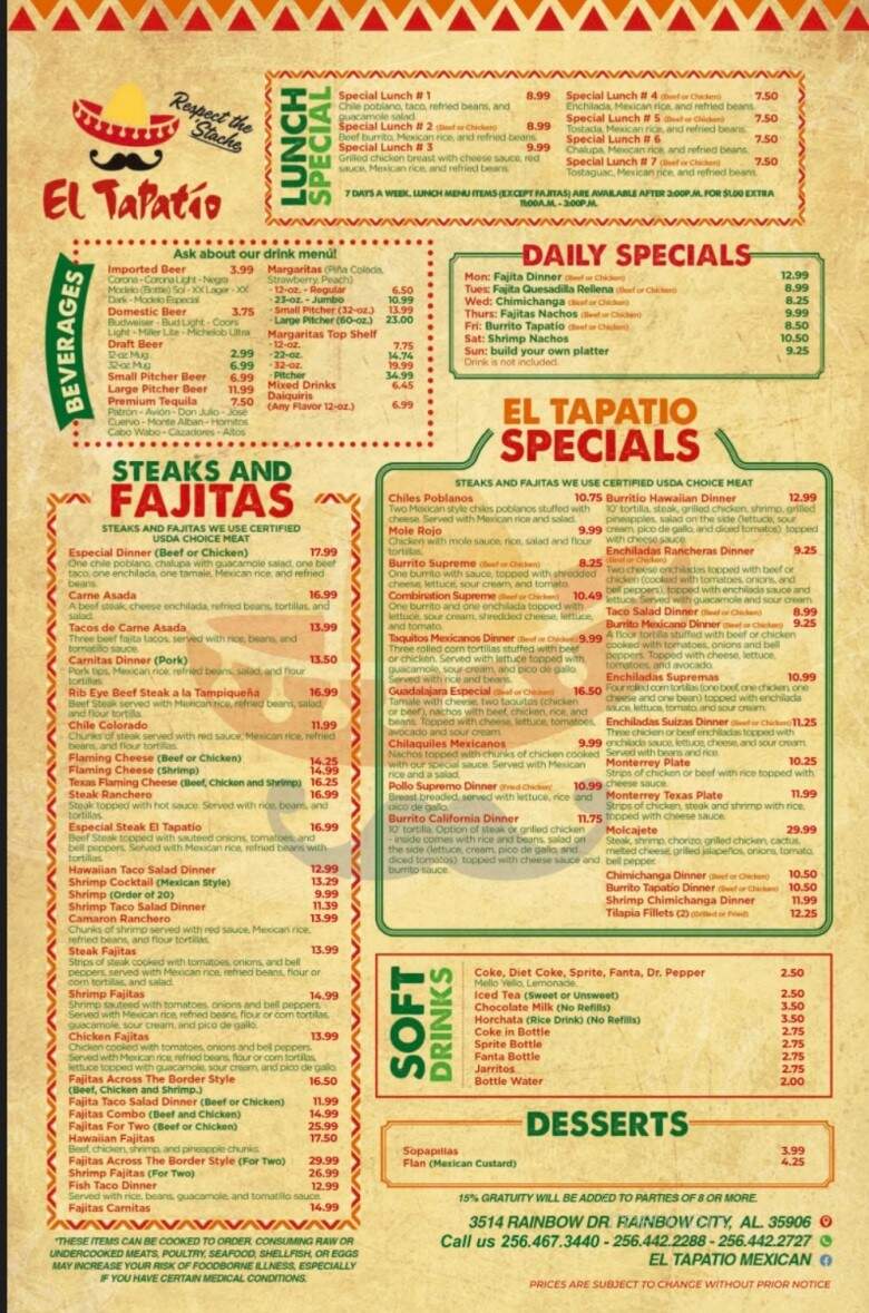 El Tapatio Mexican Restaurant - Rainbow City, AL menu_pic