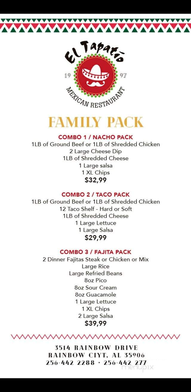 El Tapatio Mexican Restaurant - Rainbow City, AL menu_pic