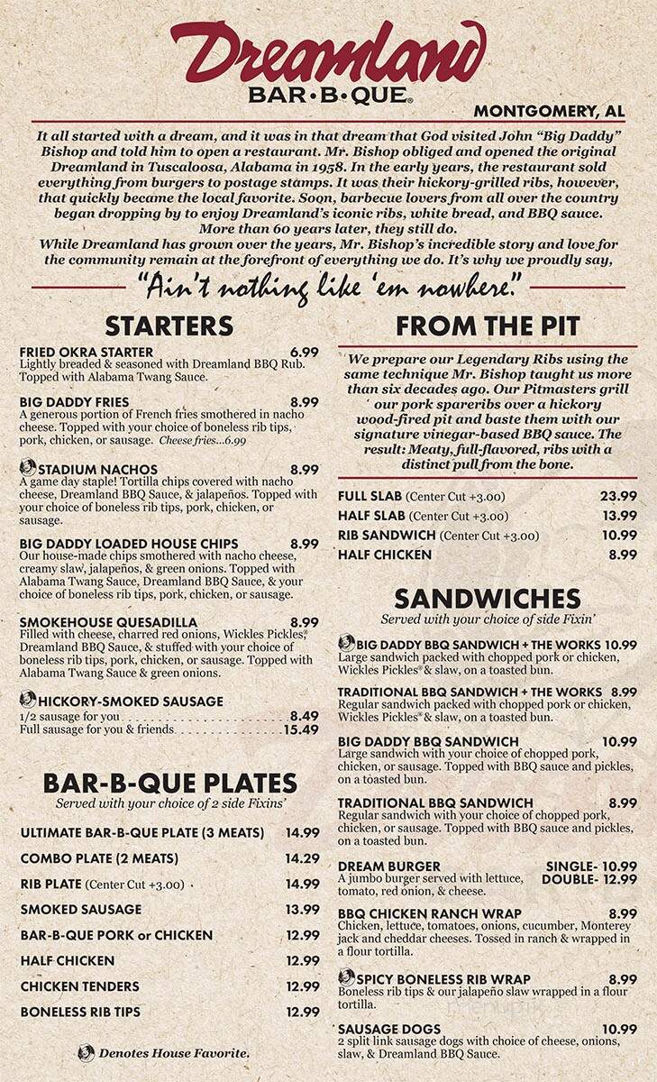 Dreamland BBQ - Montgomery, AL menu_pic