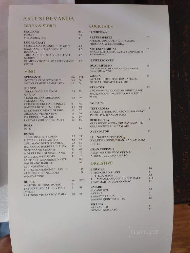 Artusi Restaurant - New Westminster, BC menu_pic
