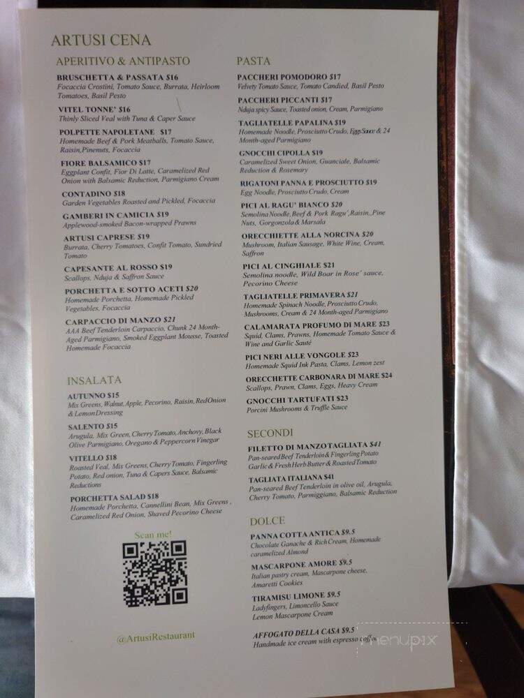 Artusi Restaurant - New Westminster, BC menu_pic