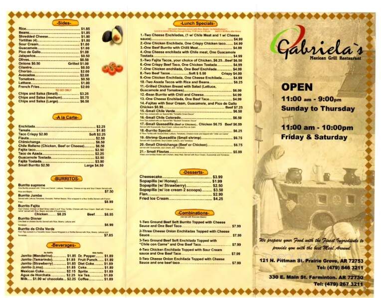 Gabriela's Mexican Grill - Farmington, AR menu_pic