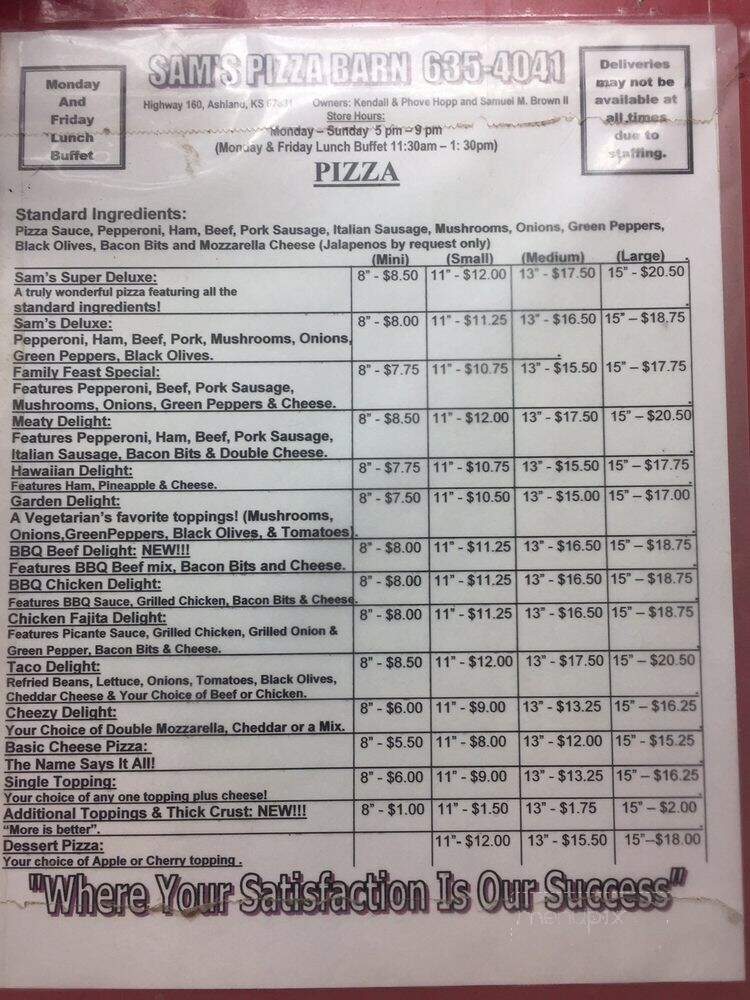 Sam's Pizza Barn - Ashland, KS menu_pic