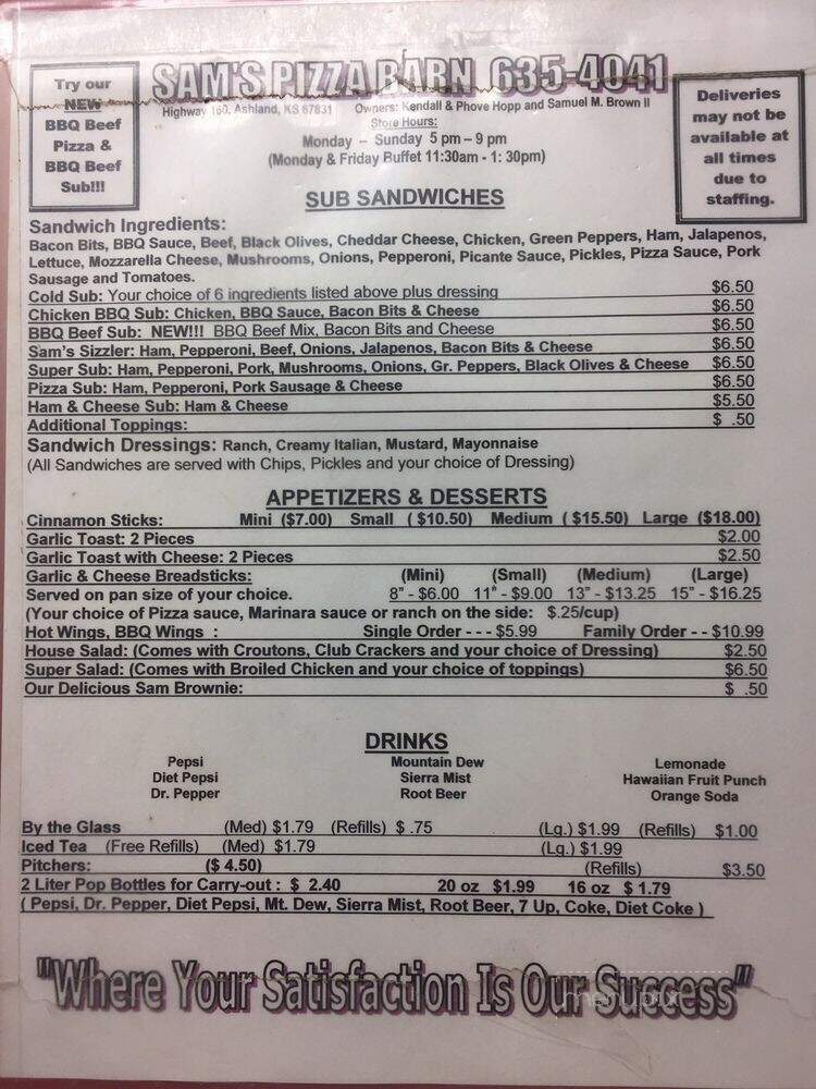 Sam's Pizza Barn - Ashland, KS menu_pic