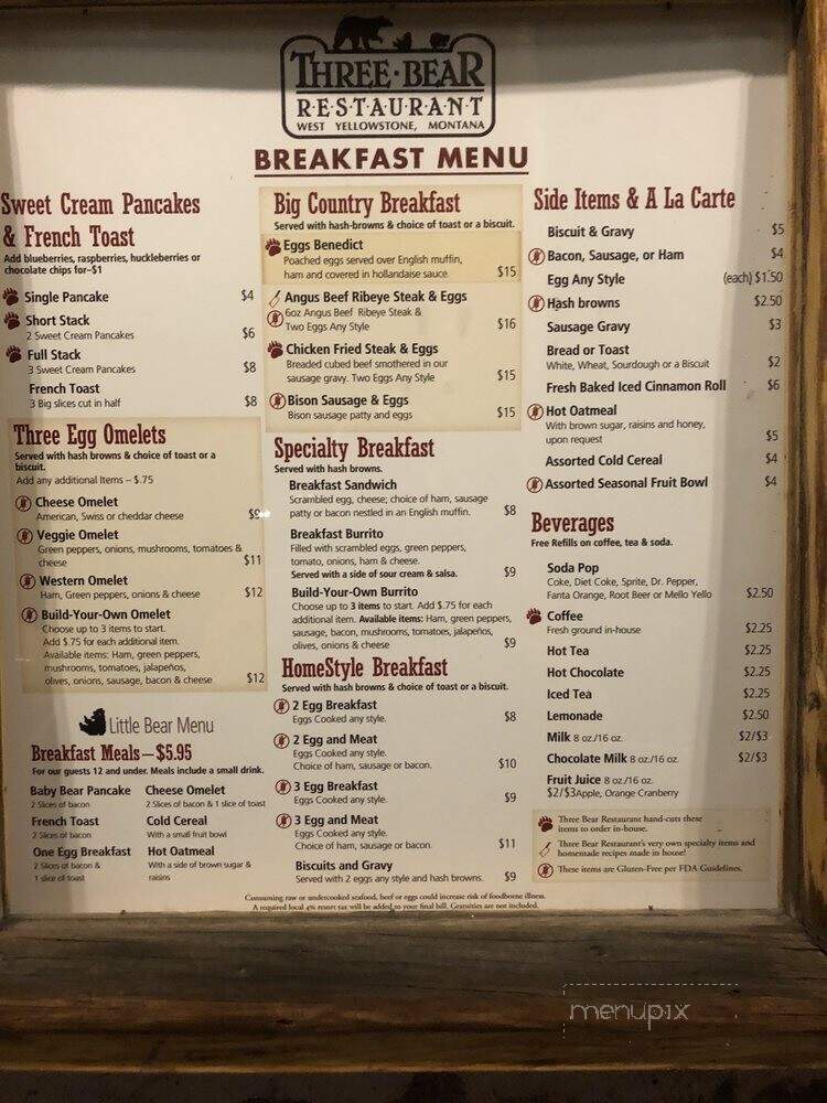 Three Bear Restaurant & Lodge - West Yellowstone, MT menu_pic
