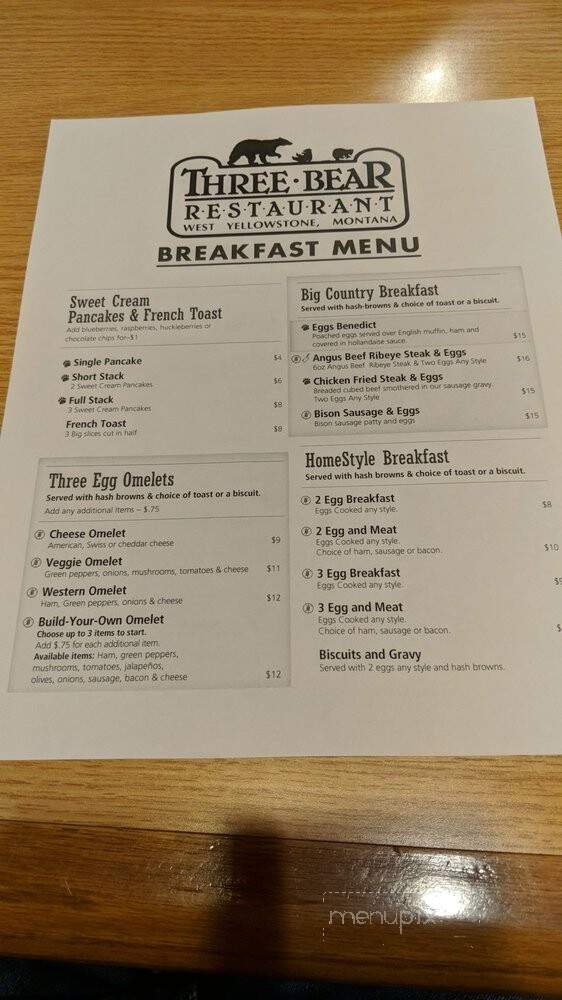 Three Bear Restaurant & Lodge - West Yellowstone, MT menu_pic