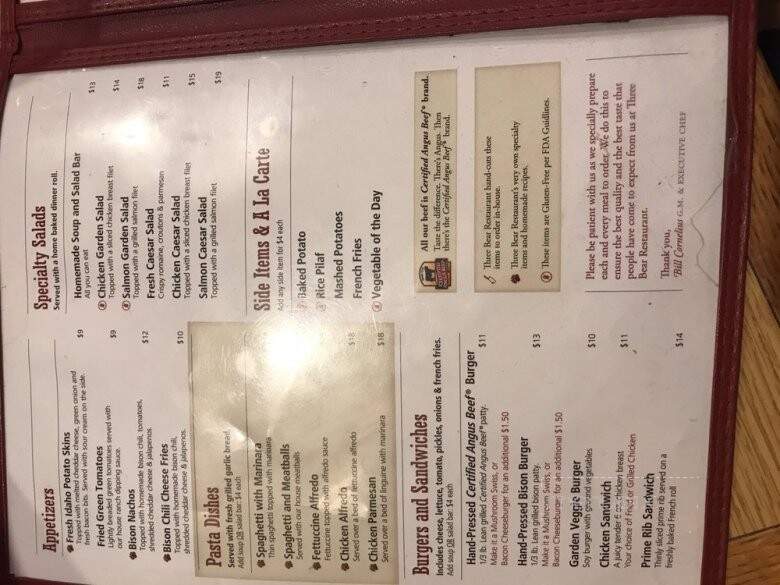 Three Bear Restaurant & Lodge - West Yellowstone, MT menu_pic