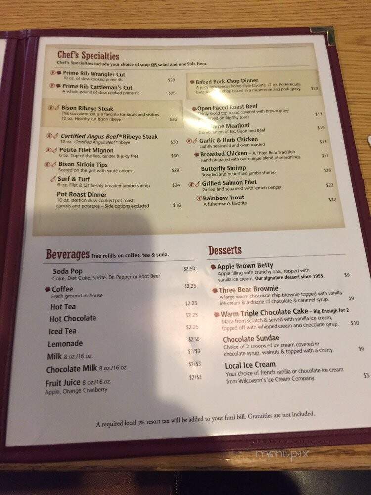 Three Bear Restaurant & Lodge - West Yellowstone, MT menu_pic