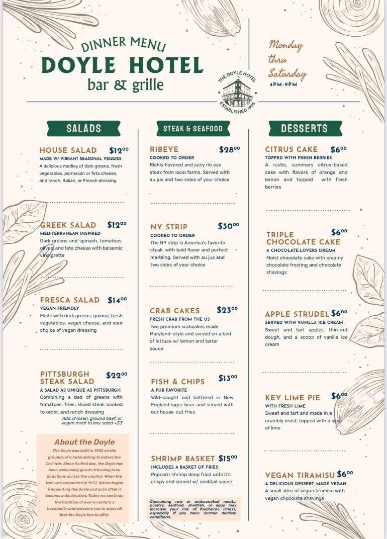 Doyle Hotel - Duncannon, PA menu_pic