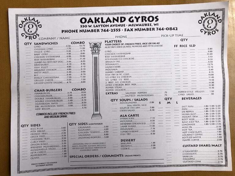 Oakland Gyros - Milwaukee, WI menu_pic