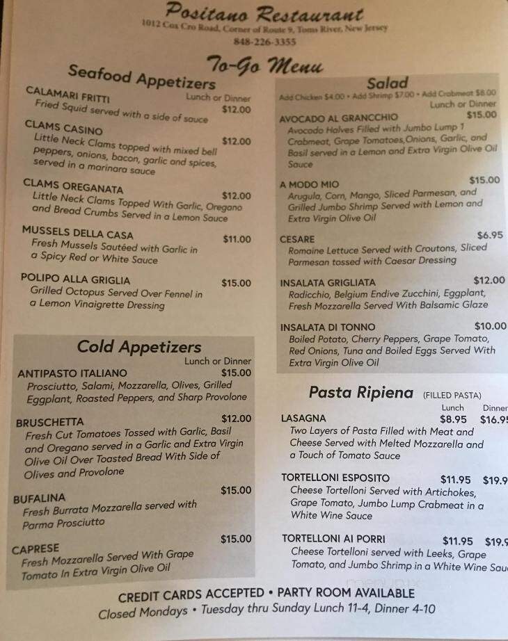 Positano Restaurant - Toms River, NJ menu_pic