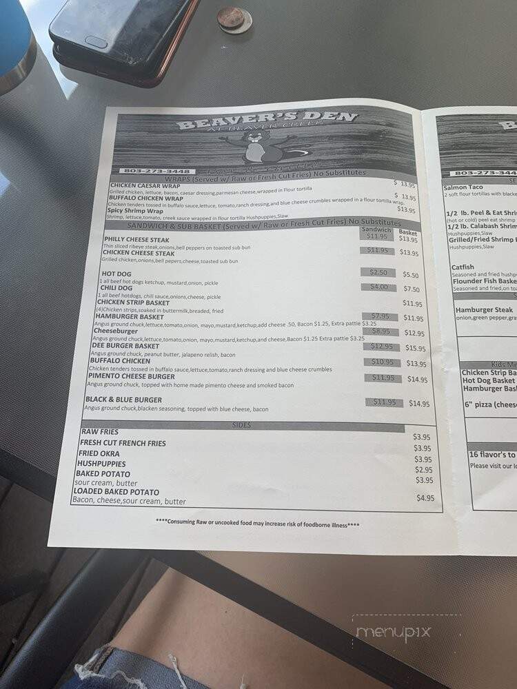 Beaver's Den At Beaver Creek Bar & Grill - Camden, SC menu_pic