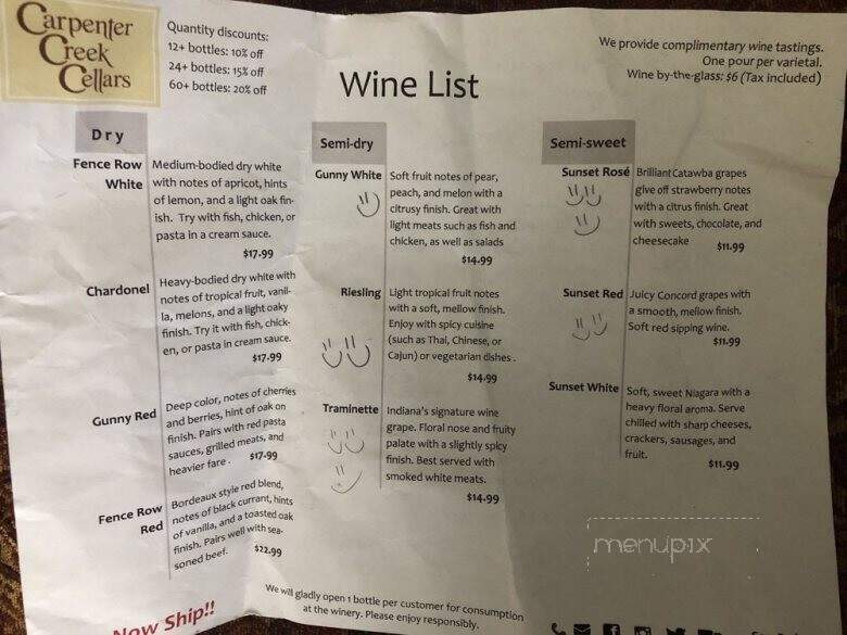 Carpenter Creek Cellars - Remington, IN menu_pic