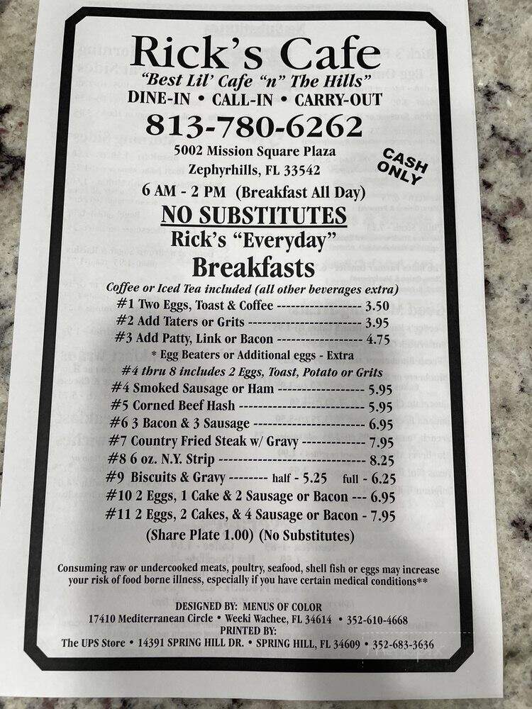 Rick's Cafe - Zephyrhills, FL menu_pic