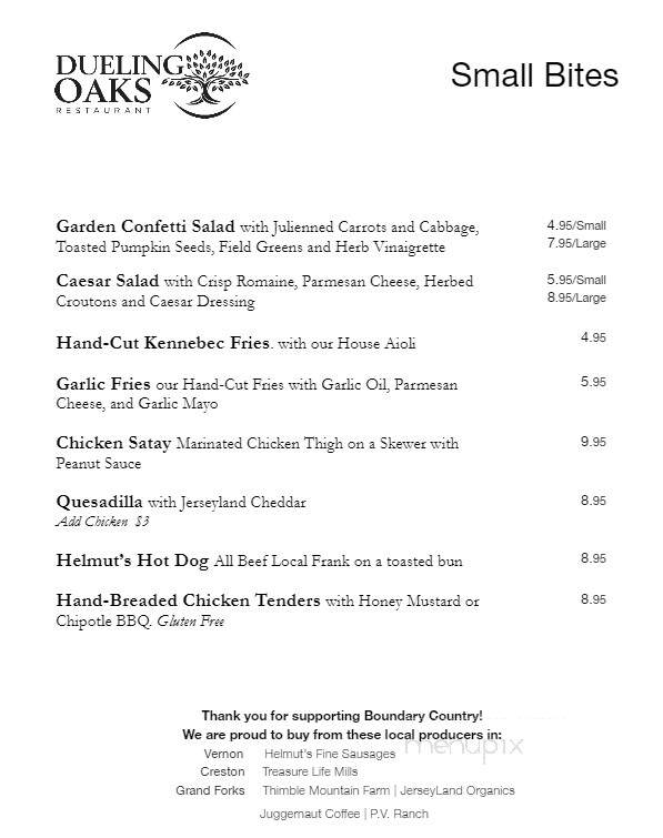 Dueling Oaks Restaurant - Christina Lake, BC menu_pic