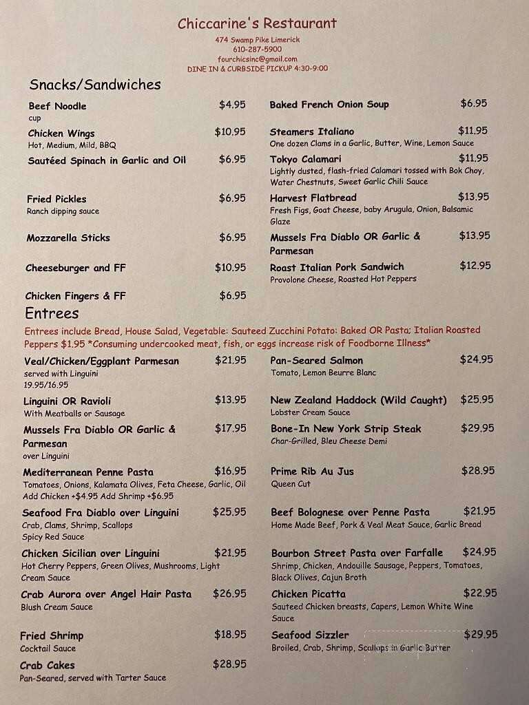 Chiccarine's Restaurant - Schwenksville, PA menu_pic