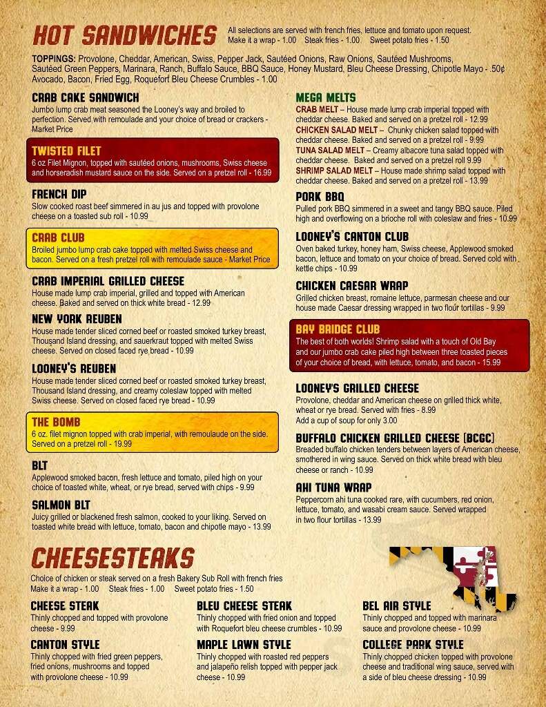 Looney's Pub - Fulton, MD menu_pic