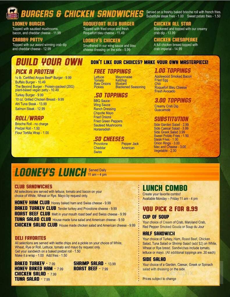 Looney's Pub - Fulton, MD menu_pic