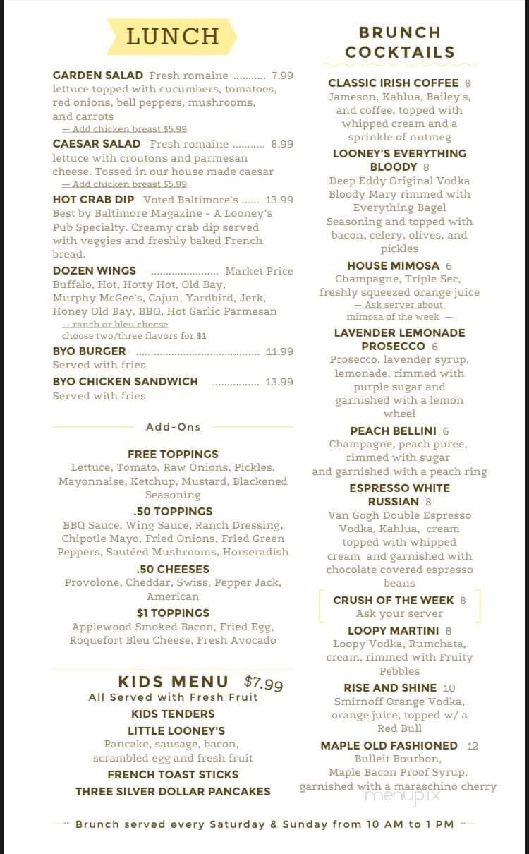 Looney's Pub - Fulton, MD menu_pic