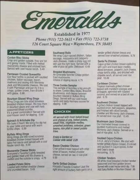 Emerald's Restaurant - Waynesboro, TN menu_pic