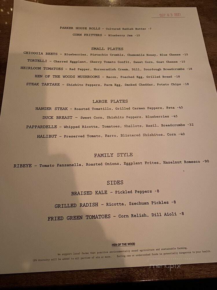 Hen Of The Wood - Waterbury, VT menu_pic