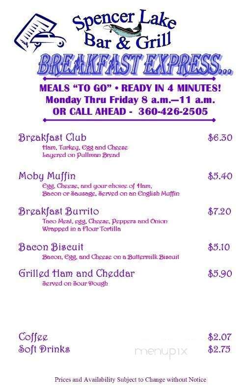 Spencer Lake Bar & Grill - Shelton, WA menu_pic
