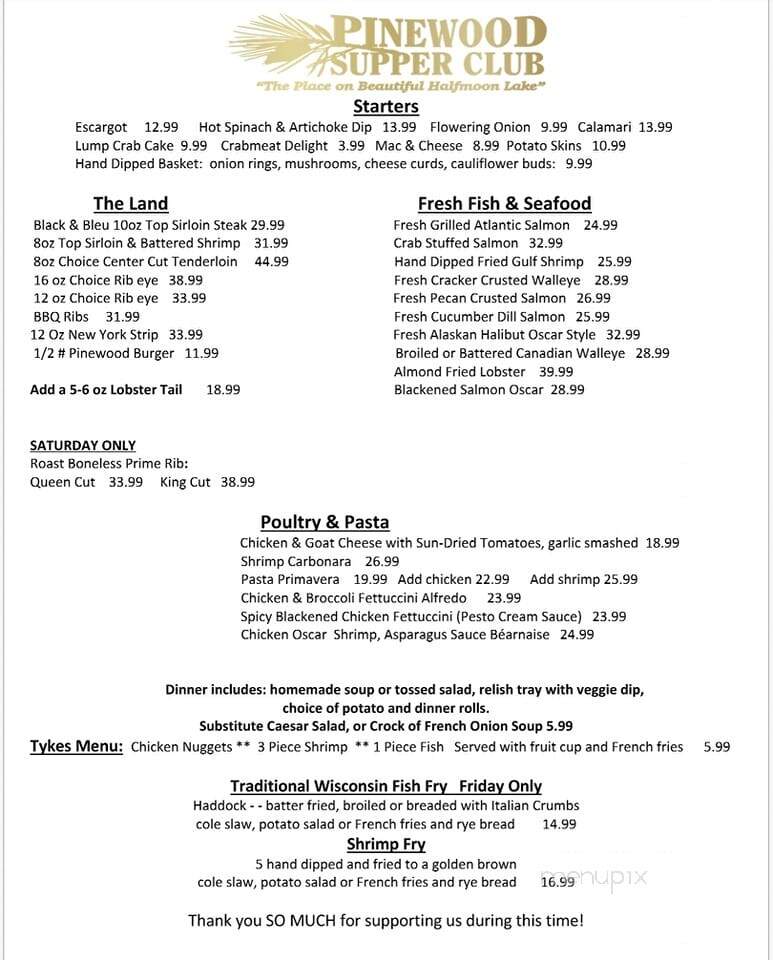 Pinewood Supper Club - Mosinee, WI menu_pic