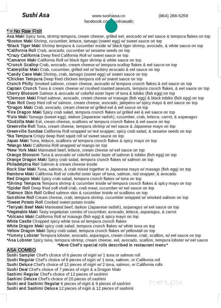 Sushi Asa - Greenville, SC menu_pic