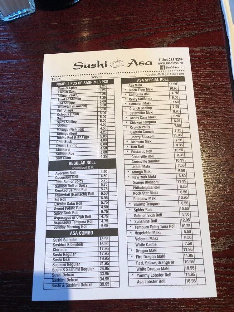 Sushi Asa - Greenville, SC menu_pic