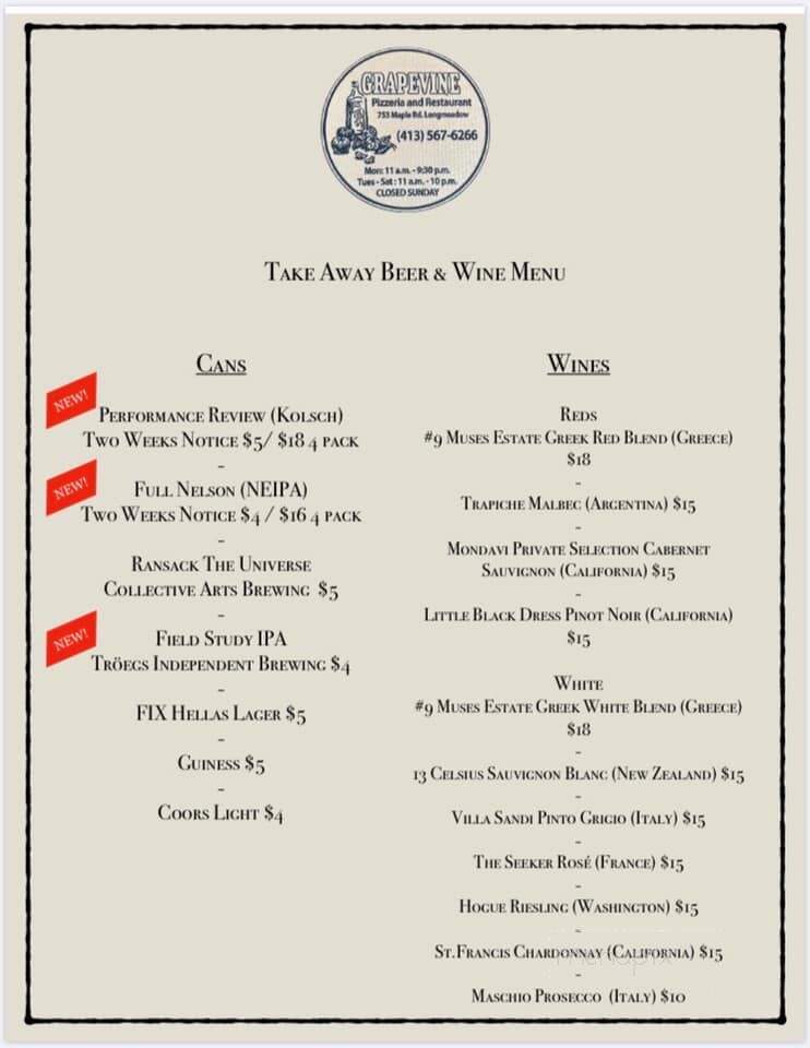 Grapevine Pizzeria & Restaurant - Longmeadow, MA menu_pic