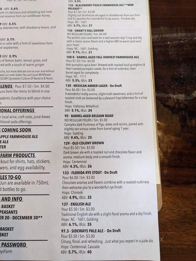 Sideways Farm & Brewery - Etowah, NC menu_pic