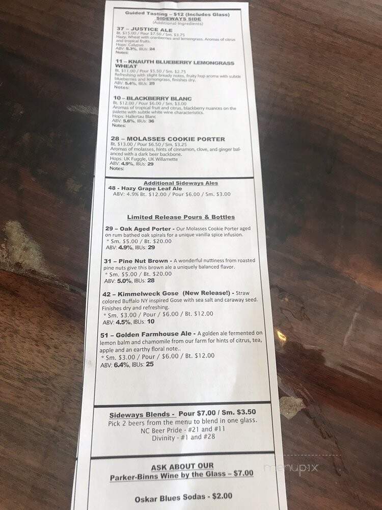Sideways Farm & Brewery - Etowah, NC menu_pic