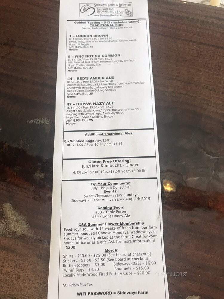 Sideways Farm & Brewery - Etowah, NC menu_pic