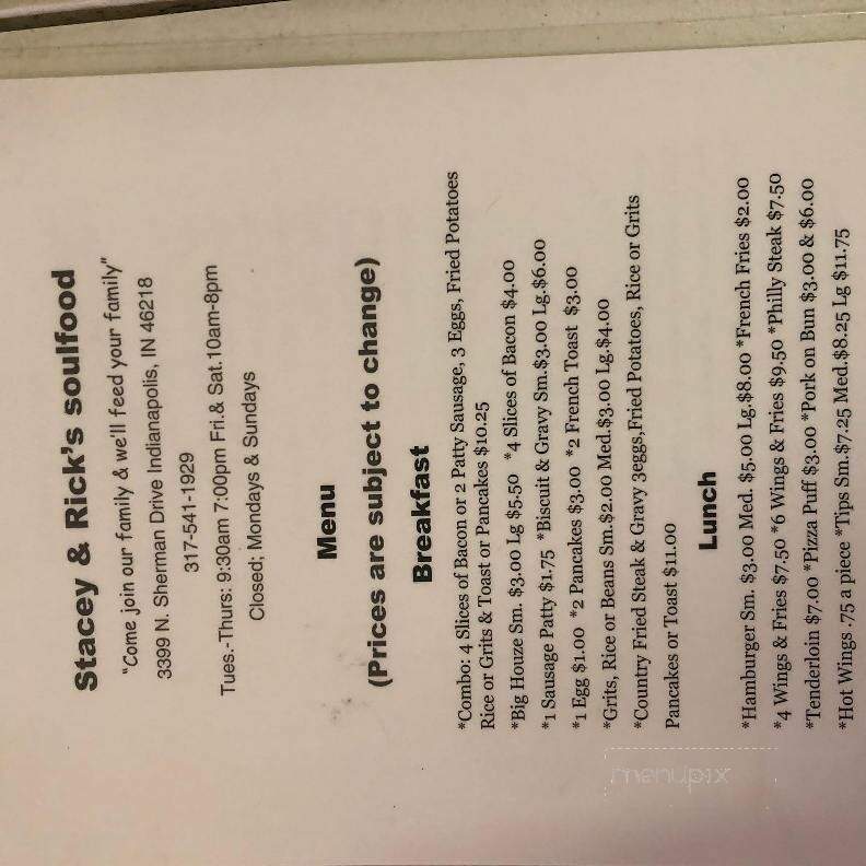 Stacey & Rick's Soulfood - Indianapolis, IN menu_pic