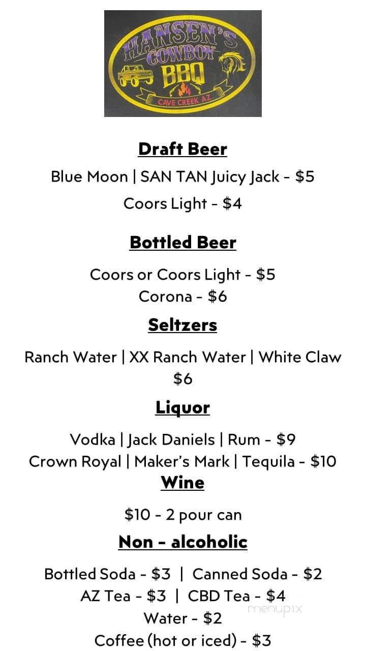 Hansen's Cowboy BBQ - Cave Creek, AZ menu_pic