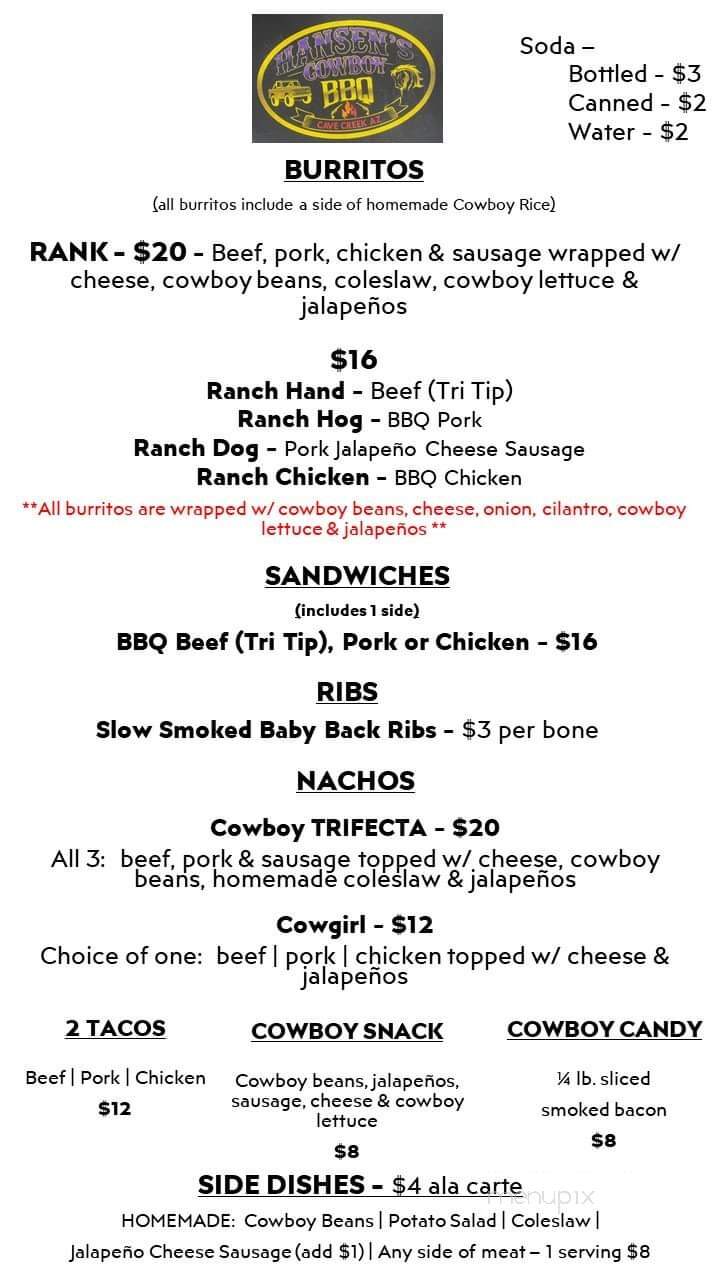 Hansen's Cowboy BBQ - Cave Creek, AZ menu_pic