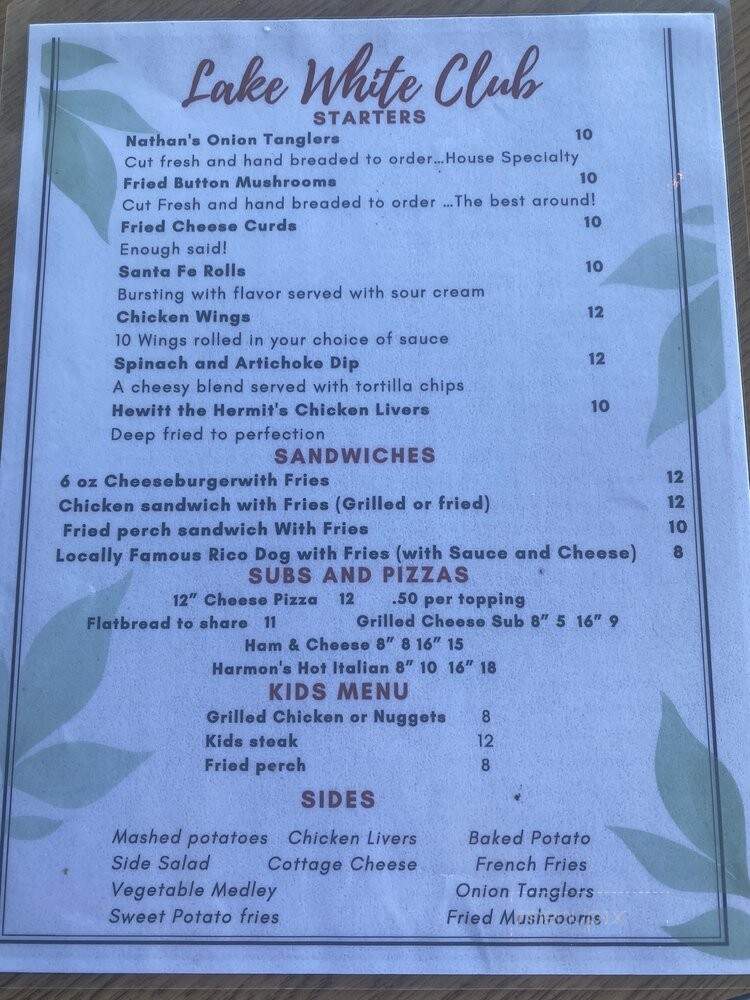 Lake White Club Bar & Grill - Waverly, OH menu_pic