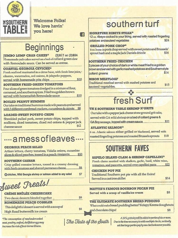 Southern Table and Bar - Brunswick, GA menu_pic