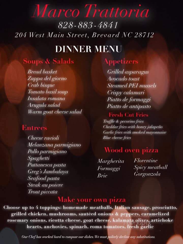 Marco Trattoria - Brevard, NC menu_pic