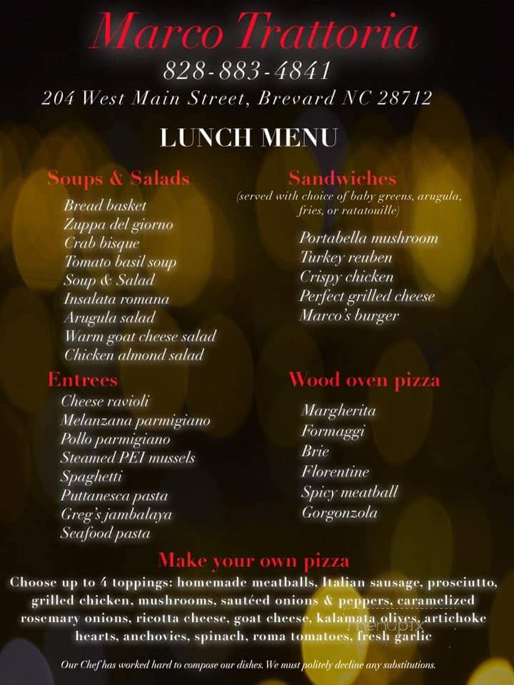 Marco Trattoria - Brevard, NC menu_pic