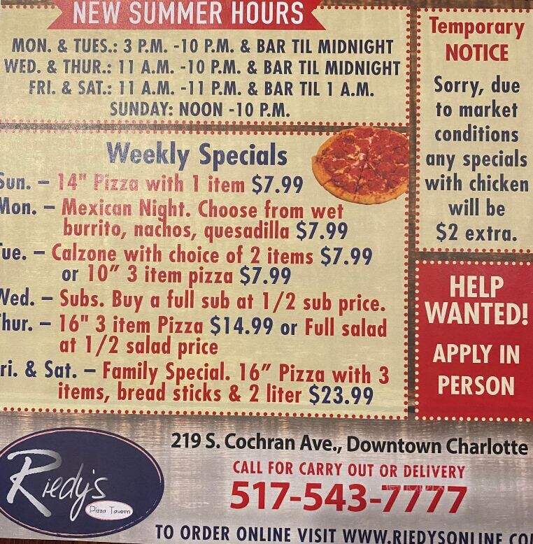 Riedy's Pizza - Charlotte, MI menu_pic