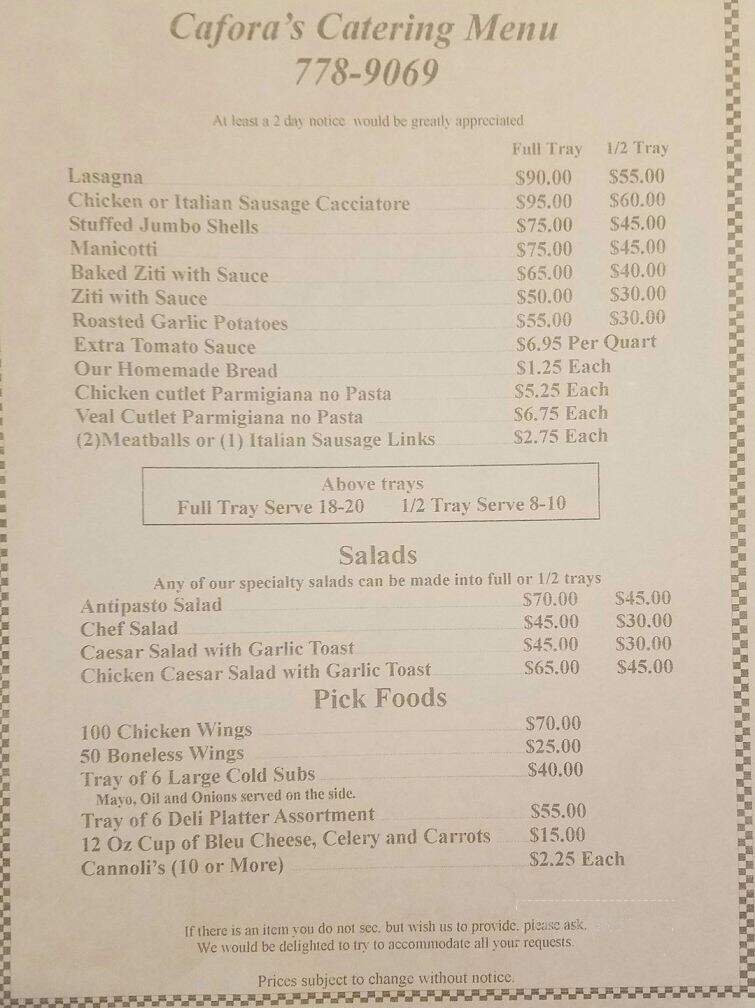 Cafora's Pizzeria-Restaurant - Newfane, NY menu_pic